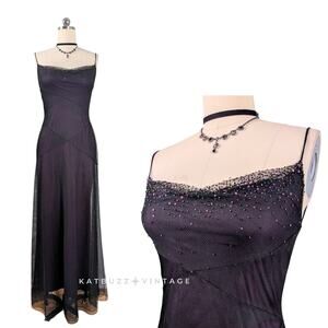 Vintage Prom Dress Maxi Gown 8 Purple Black Fairy Goth 90s Y2K Mesh Bead Overlay